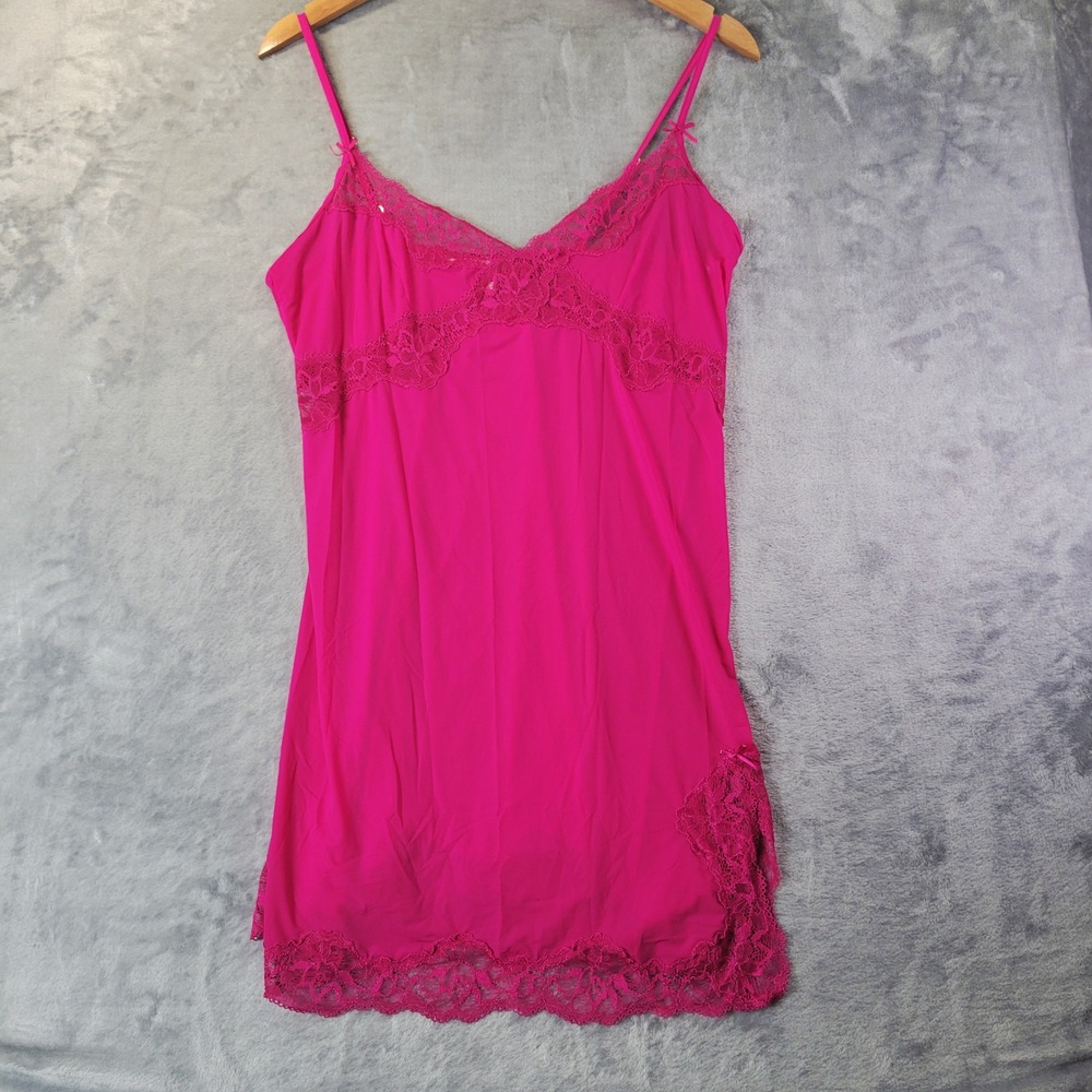 Victoria's Secret Fuchsia Pink Lace Trim‎ Chemise Slip Nightgown L Romantic